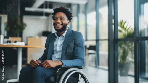Happy young man with disability sitting in wheelchair in office