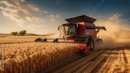 Combine harvesting wheat