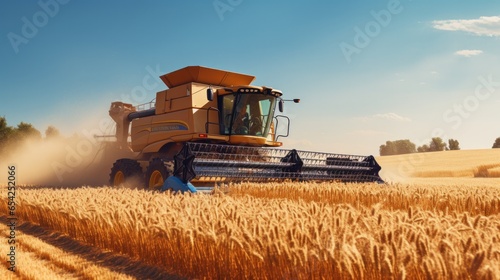 Combine harvesting wheat