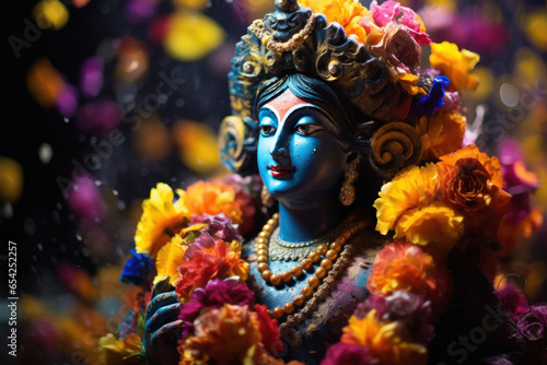 Colorful idol of Lord Krishna decorated with flowers © Neha