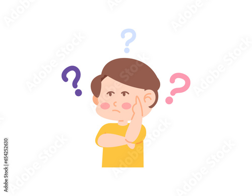 illustration of a boy who is confused and asking questions. child surrounded by question marks. cute and adorable boy character. facial expression. flat or cartoon people illustration design. vector