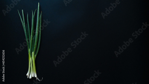 Fresh green onions on a dark background. Organic vegetables, tasty, slightly spicy, decorate the soup, often used in Asian cuisine.