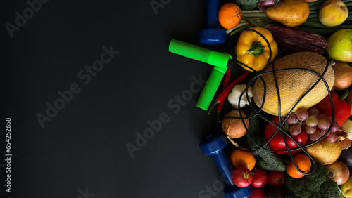 Fitness food.Frame of fresh organic vegetables on a dark background. Healthy natural food in rustic style with copy space. Tomatoes, lettuce, peppers, zucchini and other culinary ingredients, top view