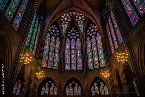 In a timeless, crystalline cathedral, rainbow-hued beams of light refract through intricate stained glass, painting the serene interior with ever-shifting patterns of color and wonder.