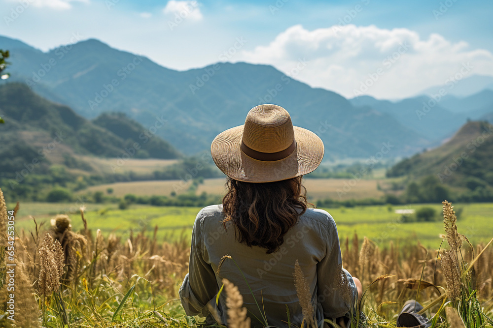 Beautiful woman in hat sitting on the hill and looking at beautiful view