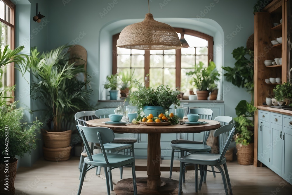 Fototapeta premium Rustic interior kitchen with rounded dining table with plants around, vintage light blue design. Generative Ai.