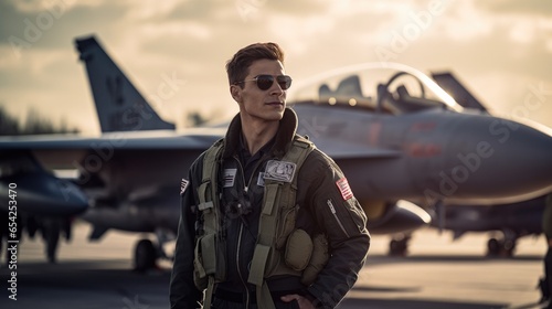 Portrait of Navy jet fighter pilot in front of his jet photo