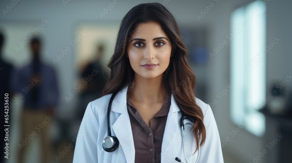 Portrait of Indian female doctor with stethoscope in hospital Portrait of Indian female doctor with stethoscope in hospital