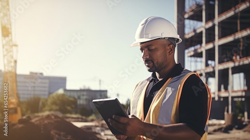Portrait of male engineer with hardhat using a digital tablet while working at construction site photo