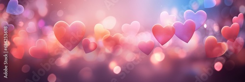 Red hearts, sparkling glitter bokeh background texture. Holiday valentines day lights. Abstract defocused header. Wide screen wallpaper. Panoramic web banner with copy space for design photo