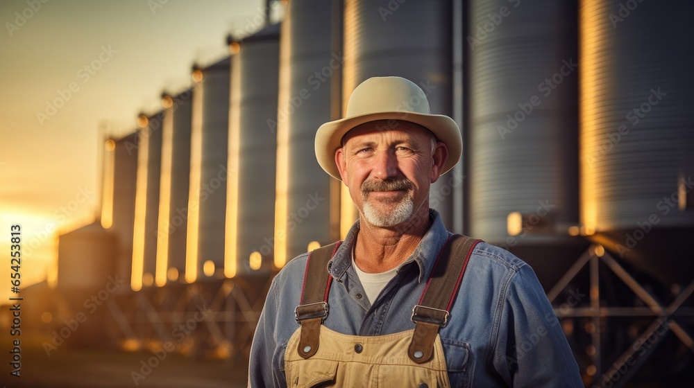 Portrait of male farmer standing in front of silos