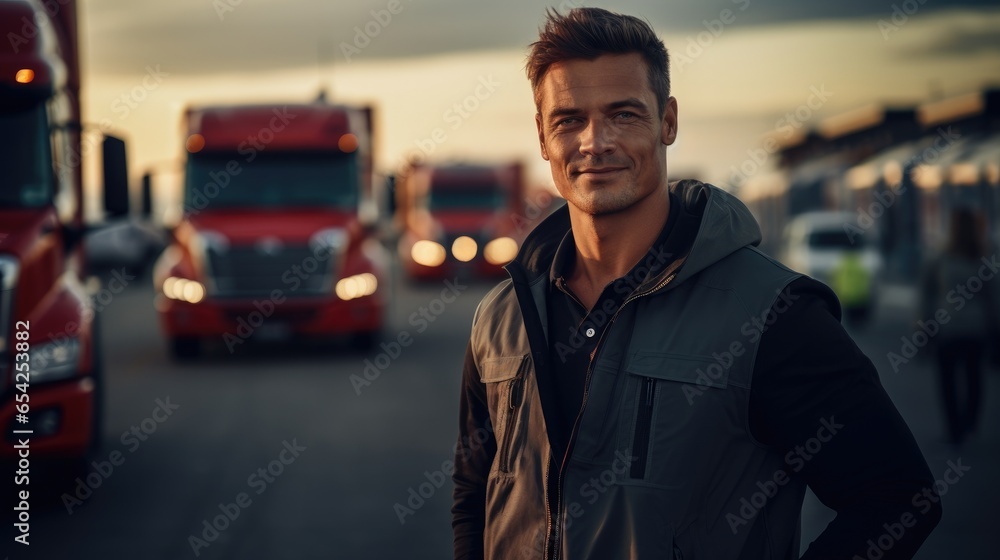 Portrait of professional driver and truck in the background Portrait of professional driver and truck in the background