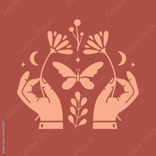 Mystical and celestial minimalist graphic illustration with hands holding flowers, crescent, butterfly, leaves, plants. Clip art with alchemy esoteric magical elements. Spiritual talisman.