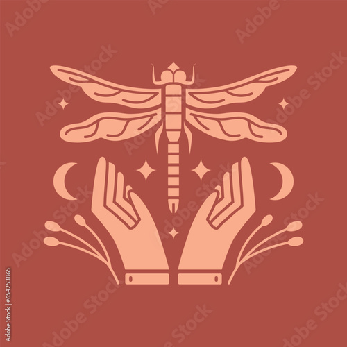 Alchemy esoteric mystical magic with woman hands. Esoteric print with dragonfly, astrological symbols, crescent, herbs, berries, occult hands. For tattoo boho, witchcraft esoteric.