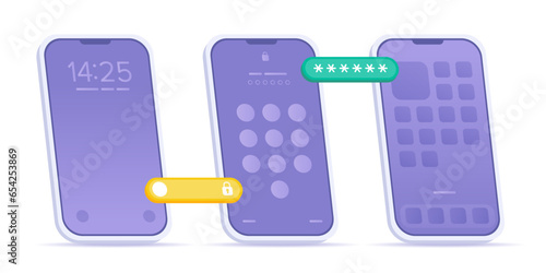 Phone UI unlocking. Isometric vector Set of lock, password and unlock screens with gradient wallpaper. Lock screen smartphone interface with Buttons Slide to Unlock and Hiden Password. Safety concept