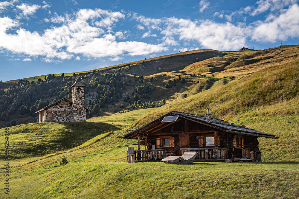A close-up of a Refugio in the middle of the way to seceda mountain in Dolomites