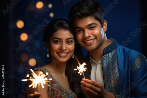 Young couple celebrating Diwali festival by burning crackers. photo