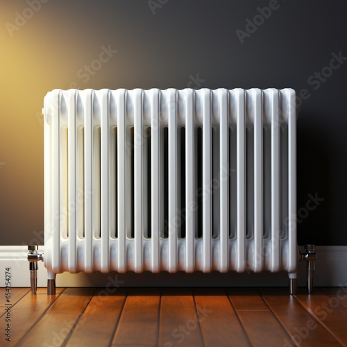 Home radiator heater on the white wall on wooden hardwood floor. Adjustable warming equipment for apartment and home