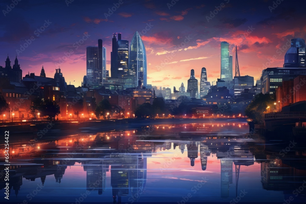 Fototapeta premium A city skyline at night, with illuminated buildings and reflections on a river, capturing the hustle and bustle of urban life. 
