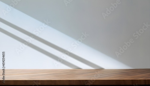 close up of a table, Empty minimal blue wooden table counter podium, beautiful wood grain in sunlight, shadow on white wall