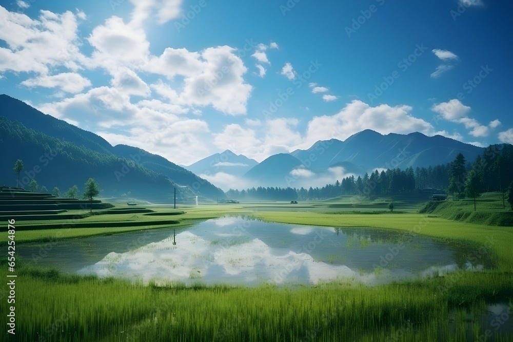 A tranquil rice paddy field in rural Japan.