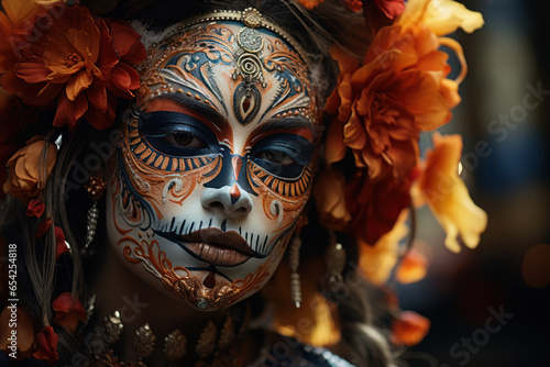A close-up shot of a beautifully painted face wearing traditional Dia de los Muertos makeup, showcasing the intricate designs and vibrant colors that symbolize the holiday's spirit. Generative Ai