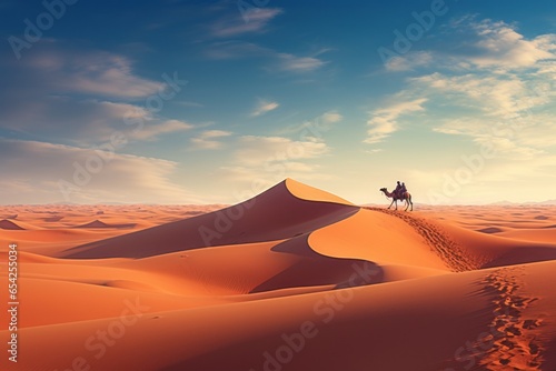 A vast desert landscape with sand dunes and a majestic camel caravan crossing the horizon. 