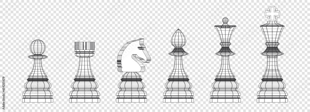 Vector set of contour chess pieces. Collection of wireframe polygonal shapes. King, queen, bishop, knight, rook and pawn. Isolated background.