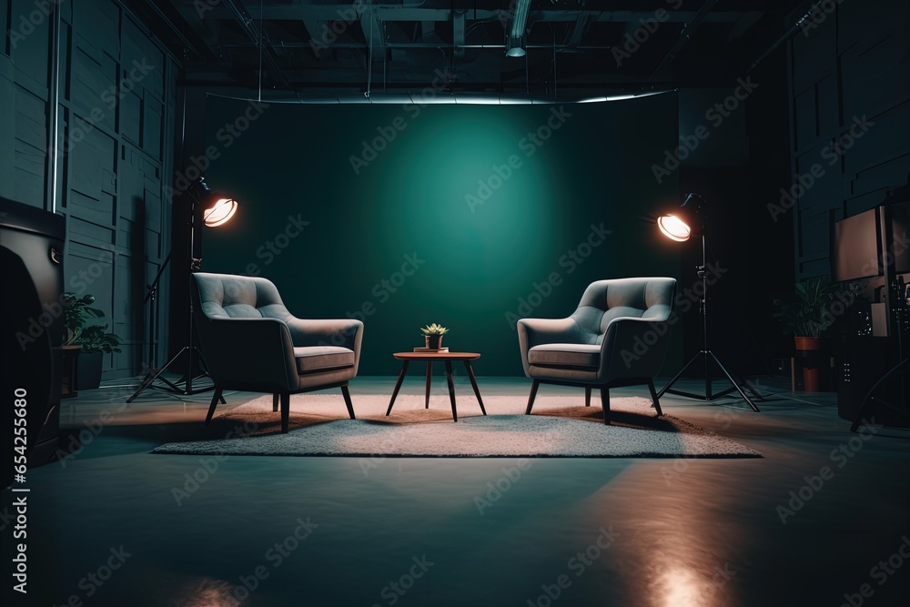 Cozy minimalist studio. Empty studio without people. Studio for podcasts or interviews. Stylish studio. Two comfortable armchairs with lighting and a coffee table - obrazy, fototapety, plakaty 
