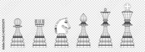 Vector set of contour chess pieces. Collection of wireframe polygonal shapes. King, queen, bishop, knight, rook and pawn. Isolated background.