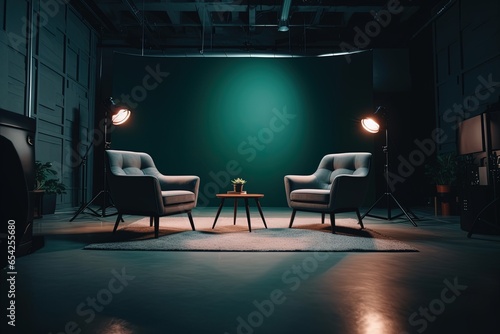 Cozy minimalist studio. Empty studio without people. Studio for podcasts or interviews. Stylish studio. Two comfortable armchairs with lighting and a coffee table photo