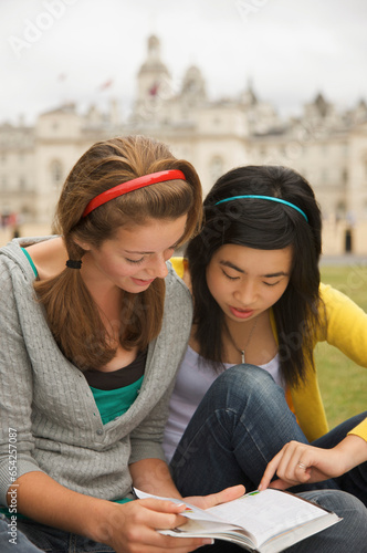 Two teenaged girl reading a book in front of  London Horse Guards Parade
 photo