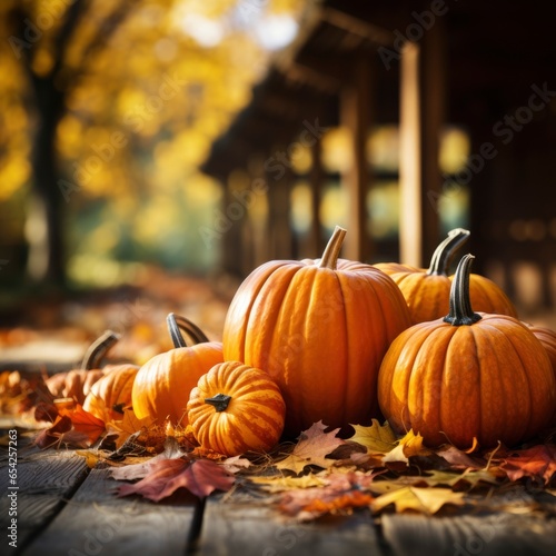 Autumn pumpkins with autumn leaves on a wooden table close-up. Autumn atmosphere.