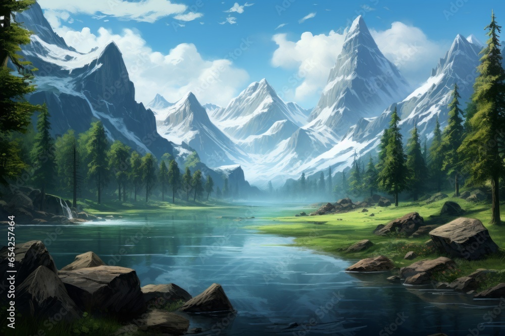A serene and serene lake surrounded by towering mountains and lush greenery. 