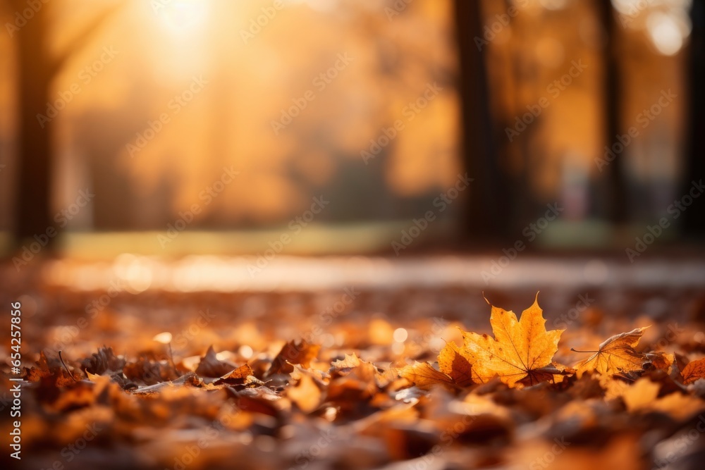 Beautiful autumn natural background with a carpet of orange and yellow-brown fallen maple leaves in the sunlight.