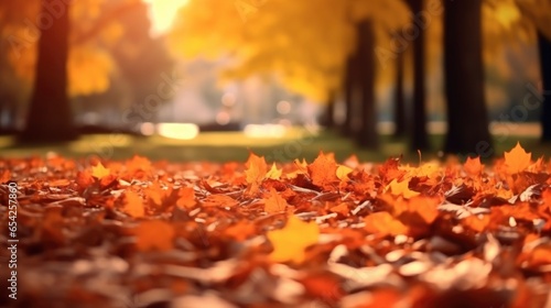 Beautiful autumn natural background with a carpet of orange and yellow-brown fallen maple leaves in the sunlight.