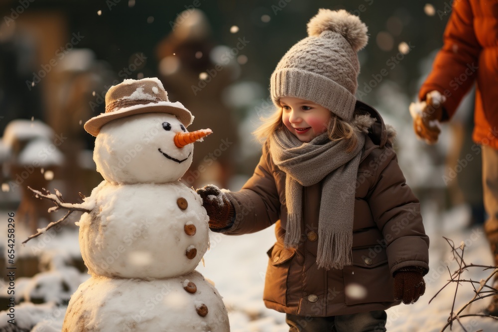 Cute little girl in warm clothes on street with snowman. Created with AI