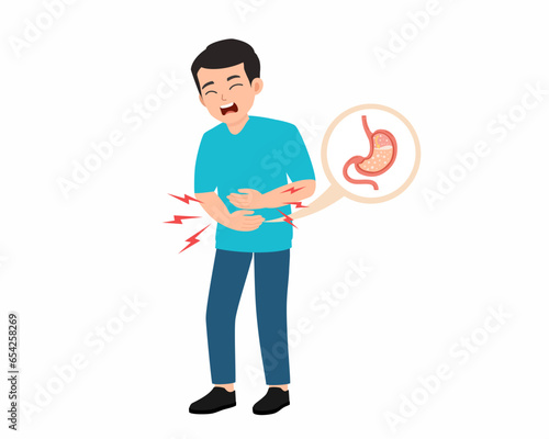 Men with stomach ache and abdominal pain vector illustration