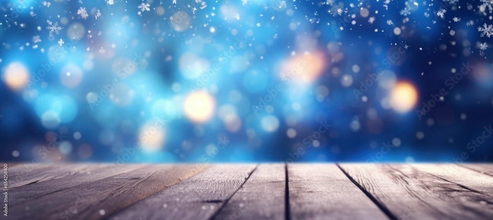 Beautiful winter snowy blurred defocused blue background and empty wooden floor. - obrazy, fototapety, plakaty 