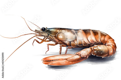 Watercolor illustration of a shrimp. Isolated on a transparent background.