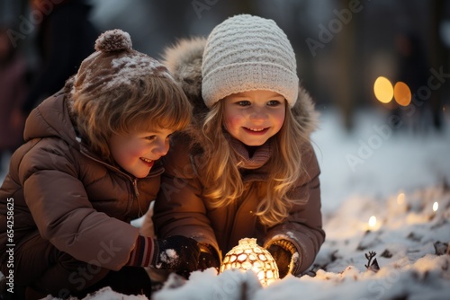 Girl and boy with snow in winter. Created with AI