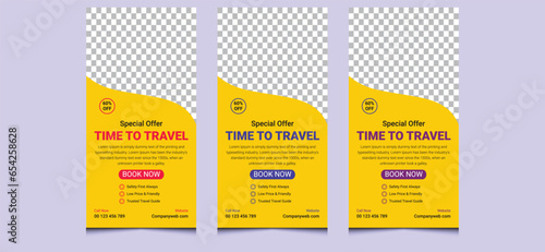 Creative modern unique yellow online travel promotion holiday marketing agency tour ads adventure advertising web social media post banner design template. 