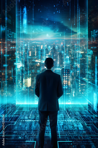 male businessman standing in front of a big glass window and looking at the skyline of modern, futuristic big city. holograms surrounding him. technology, digitalization, concept - generative ai