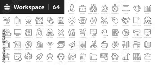 Workspace line icons set. Office and workspace line icons set. ?hair, coffee, time, manager, workspace, computer, desk - stock vector.