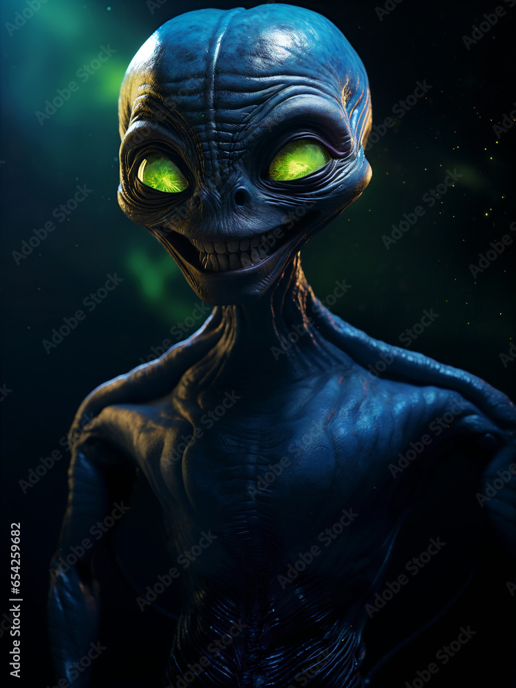 smiling dark alien with green glowing eyes portrait photo in blurred natural environment
