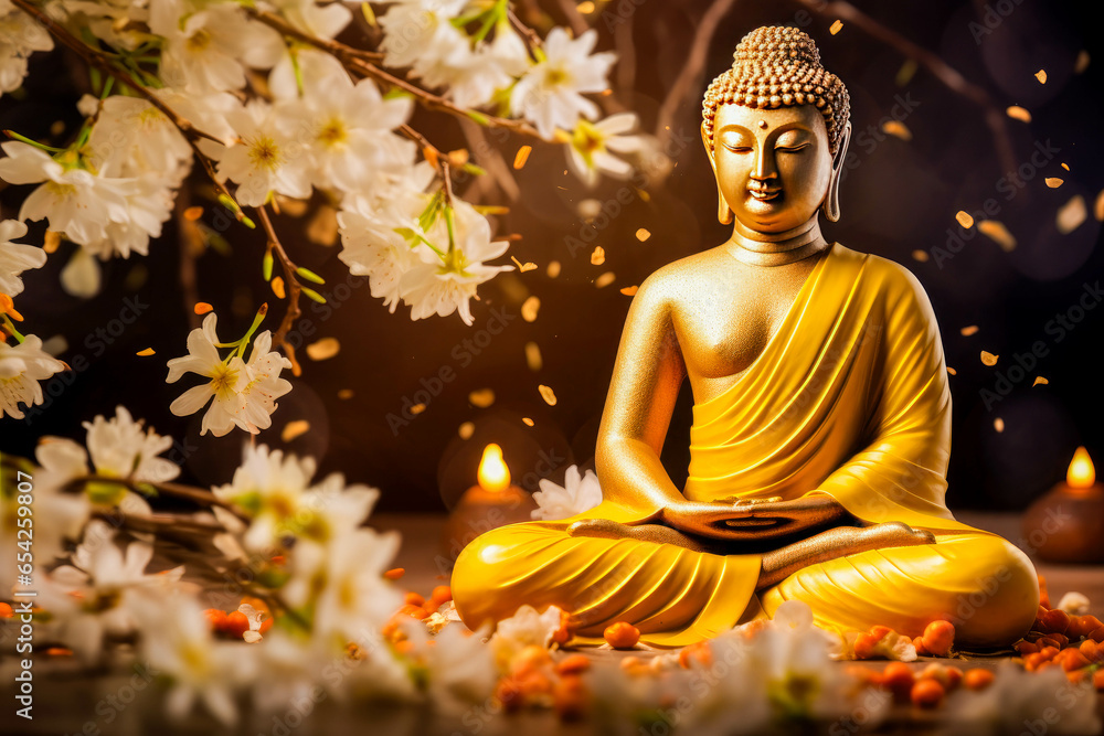 Obraz premium Golden Buddha statue on a flowers garden background. Meditation in lotus position. Spiritual zen god religion.