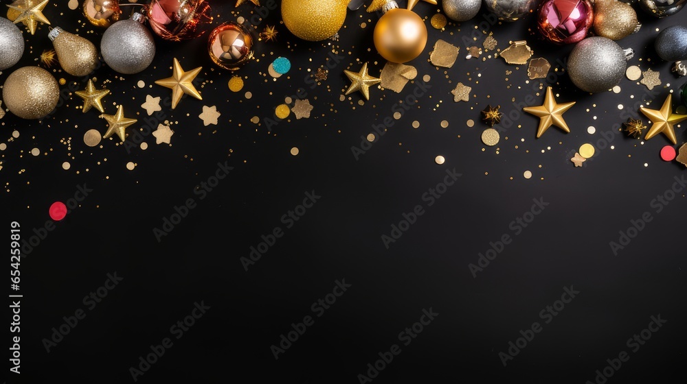 Luxury multi-colored New Year's balls and toys on a black background on Christmas Eve, copy space Luxury multi-colored New Year's balls and toys on a black background on Christmas Eve, copy space
