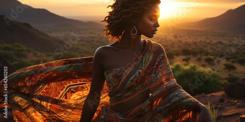 african woman in a beautiful sunset landscape