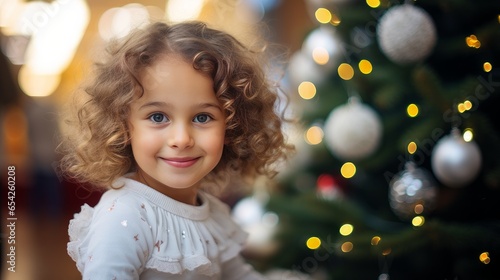 Portrait of a cute, happy little girl near the New Year tree on Christmas Eve in a home interior.