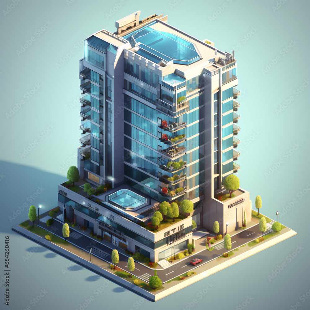 Isometric business glass office building. Isometric modern architecture ...
